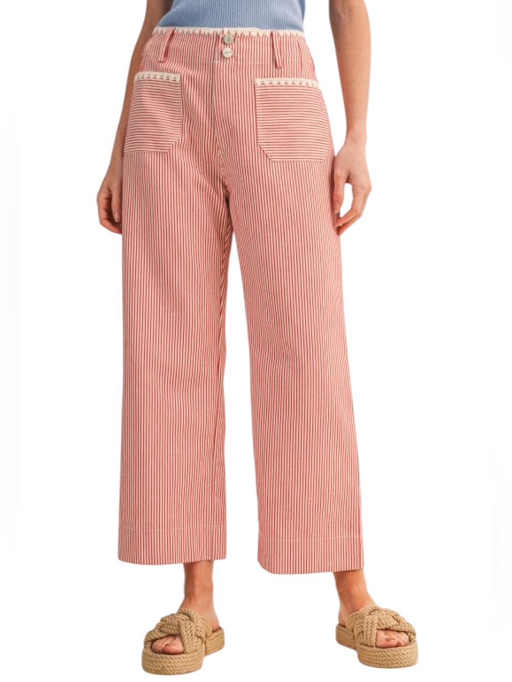 Wide Leg Striped Crop Pants - Red/White